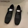 Vestido tênis suojialun sepatu datar wanita baru musim semi 2023 balet dangkal ujung persegi sutra moda mary jane kasual lembut 230329