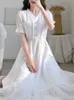 Casual Dresses Summer White Chiffon Dress Women Korean Fashion Preppy Style Sweet Long Dress Elegant Short Sleeve High midje Ruffles Maxi Dress 230329