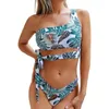 Costumi da bagno da donna 2 pezzi Bikini da donna Trendy Foglia stampata Una spalla Cravatta laterale Canotte Pantaloni da bagno Costume da bagno Estate Donna Costume da bagno