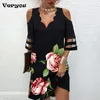 Casual Dresses Women's Loose Fit Dress Vneck Hollow Mesh Patch Work Casual Mini Dress Women's Lace Design Print Beach Party Dress 230329