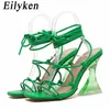 Top Design vert Transparent étrange talons hauts femme sandales été évider bout carré robe de soirée pompes chaussures 230306