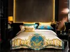 Bedding Sets Gold And Blue Embroidery Satin Comforter Cover 4/6/10Pcs Set Quilted Cotton Bedspread Flat/Fittedsheet Square Pillocases