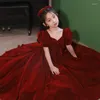 Robes de fille rouge fleur filles robe col carré manches courtes/longues nœud papillon velours robe de soirée de mariage Simple élégant enfants bal