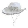 Berets Frau Perle Braut Brief Cowgirl Hut mit verstellbarem Seil Breite Krempe Braut Western Fedora für Poshoots Supplies