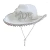 Bérets Femme Perle MARIÉE Lettre Cowgirl Chapeau Avec Corde Réglable À Large Bord De Mariée Western Fedora Pour Poshoots Fournitures