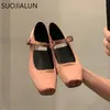 Vestido tênis suojialun sepatu datar wanita baru musim semi 2023 balet dangkal ujung persegi sutra moda mary jane kasual lembut 230329