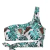 Kvinnors badkläder 2st kvinnor Bikini Set Trendy Leaf Printed One Shoulder Tie Side Tank Tops Swim Bottoms Swimsuit Summer Woman Swimming Swimming Suit