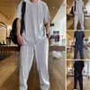 Herrspår 2022 Summer Tracksuit sätter män outfit Solid Ice Silk Draped Short Sleeve Tops Long Pant Loose Tracksuit Casual Suits Ropa Hombre W0329