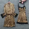 Women's Sleepwear Leopard Print Sexy Women's Pajamas Set Satin Pajamas Silk Home Dressing Embroidery Sleep Lounge Pajamas Underwear 230329