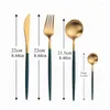 Servizio Piatti Cucina Stoviglie Posate Acciaio Inox Completo Forchetta Cucchiai Coltelli Set 24 Pezzi Verde Oro Goccia