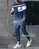 Träningsoveraller för män Joggingsdräkt för män 3D-tryckt Patchwork Långärmad T-shirt Byxor 2 delar Streetwear Casual Träningsoverall Herr Överdimensionerade toppar W0328