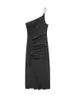 Sukienki swobodne 2023 Kobiety fałduje asymetryczne paski Dreese letni rękawe żeńskie hem split czarne midi vestidos