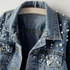 Damesjacks denim jas vaste eenzuigelijke borsten bijgesneden thermische kralen lange mouw vidaars faux pearl val jas