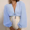 Kadın Bluzları 2023 Yaz Sıradan Gevşek Dantel Yukarı Kadın Tahvil Pamuk Keten Zarif Parti Kadın Gömlekler Şık Katı Kadın Mavisi