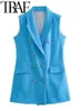 Coletes femininos Traf Gillets Spring Spring Casual Casual Jaqueta ornamentada Botão sem mangas Jaqueta feminina de decote aberto Tampa longa azul 230329