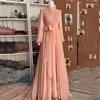 Parti Elbiseleri Kadınlar İçin Pembe Müslüman Akşam 2023 Uzun Kollu Prom Elbise A-line Ruffles Şifon Yüksek Neck Dubai Kaftan Resmi Elbise