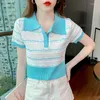 Женские футболки с синими синими летними вязаными футболками Женщины выключают воротниц с коротким рукавом повседневные корейские топы винтажные дизайнер