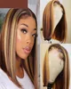 Ombre Brown Straight Bob Brazilian Wig Short Lace Frontal Wigs For Black Women Highlighted Synthetic Closure Wigs4616763