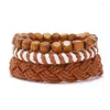 Странд 3PCS Этнические деревянные бусинки браслет набор коричневых плетеных браслетов ручной работы.