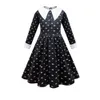 Girl's Dresses Girls Wednesday Addams Family Cosplay Costume Vintage Gothic Outfits Halloween Clothing Kids Morticia Addams Printing Dress Wig Wig