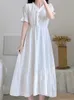 Casual Dresses Summer White Chiffon Dress Women Korean Fashion Preppy Style Sweet Long Dress Elegant Short Sleeve High midje Ruffles Maxi Dress 230329