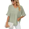 Kvinnors blusar Kvinnor blossade halv ärm Flödande tunika skjortor Casual Loose V-Neck Plain Colid Color Ruffle Hem Chiffon Peplum Top