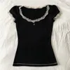 Damska koszulka Koronkowa damska koronka Tim Black Tshirt Ultrathin Fit Długie rękaw Top Y2K 2000S Cute Casual Tshirt Esthetic Pleted Sukienka 230329