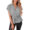 Damen Blusen Sexy Shirts Damen Sommer Volltonfarbe Stehkragen Plissee Schnürung Chiffon Fledermaus Kurzarm Leichte Tunika