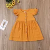 Filles Robes Enfant Enfant Bébé Fille D'été Volants Manches Coton Lin Fête Enfants Casual Bouton Poche Robe D'été Vêtements 230329