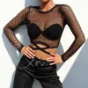 Women's T-Shirt Sexy Mesh Goth Long Sleeve T Shirt Women Hollow Out See-through Fishnet Top Summer Vintage Coquette Crop Tops Streetwear Y2k Top P230328