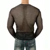 Tshirts masculins T-shirt en maille sexy transparente voir à travers les muscles à manches longues de Fishnet.