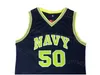 대학 농구 50 David Robinson Jersey University Naval Academy Navy Midshipmen Navy Blue White 자수 및 스포츠 팬을위한 재봉