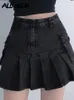 Юбки Allneon Mall Goth Y2K высокая талия Жан Эстетику черная джинсовая ткань, плиссированная большими карманами Гранж панк наряды 230329