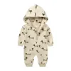 Nyfödd baby huva romper tecknad tryckt blixtlås fleece tjock jumpsuit vår höst spädbarn småbarn långärmad bodysuit kläder m4283