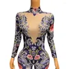 Stage Wear Fashion Rose Flower Print Pearl Rhinestones Jumpsuit Vintage Stretch Floral Leotard Performance Costume Festival Clothing