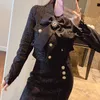 Two Piece Dress Winter Vintage Tweed Two Piece Women Outfits Woolen Diamonds Bowknot Short Jacket Coat Tassels Midi Pencil Skirt Suits Autumn 230329