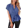 Damen Blusen Sexy Shirts Damen Sommer Volltonfarbe Stehkragen Plissee Schnürung Chiffon Fledermaus Kurzarm Leichte Tunika