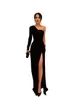 One Shoulder Black High Split Satin Prom Party Gowns Dresses for Special Ocns Formal Evening Gown