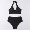 Menas de banho feminina Solid Black Bikini Sets Women 2023 Sexy High Swimsuit Beach Bathing Suits Two Piece Lace Up Bikinis Summer Xlwomen's