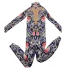 Stage Wear Fashion Rose Flower Print Pearl Rhinestones Jumpsuit Vintage Stretch Floral Leotard Performance Costume Festival Clothing