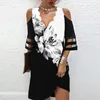 Casual Dresses Women's Loose Fit Dress Vneck Hollow Mesh Patch Work Casual Mini Dress Women's Lace Design Print Beach Party Dress 230329