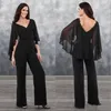 Newest Mother Of Bride Pant Suits V Neck Black Party Dresses Lace Appliqued Back Chiffon Evening Dresses