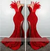 Sexy Rouge Sequin Robes De Bal Avec Des Plumes Haute Split Sirène Robes De Soirée Formelle Parti Robe De Mariee BC14331 J0329