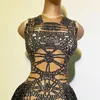 Stage Use Black Tassel Rhinestones Bodysuit Mulheres sem mangas