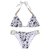 Kvinnors badkläder Yiiciovy Women 2 PCS Bikini Set Swimsuit Fashion Cow Spot Print Chain Halter Neck BH and Thong Bottoms Beach Bathing Suits