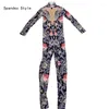 Stage Wear Fashion Rose Flower Print Pearl Rhinestones Jumpsuit Vintage Stretch Floral Leotard Performance Costume Festival Clothing