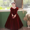 Girl Dresses Red Flower Girls Dress Square Collar Short/Long Sleeve Bowknot Velvet Wedding Party Gown Simple Elegant Kids Prom