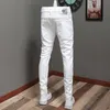 Heren jeans street mode mode mannen jeans witte kleur elastische slanke fit gesplitste motorje jeans mannen punk broek ritsontwerper hiphopbroek HOMBRE 230329