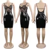 2024 Yeni Tasarımcı Spagetti kayış deri elbiseler Kadın Seksi Sırtsız Dantel Bodycon Pu Elbise Yaz Mini Elbise Partisi Gece Kulübü Giyim Toptan Kıyafetleri 9605