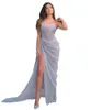 Abiti da sera a sirena in raso azzurro arabo Abiti da ballo da sera con top in maglia trasparente Perline con paillettes Increspato Abiti da cerimonia formale Cinturino da cacciatore dorato Sweep Train Robe de soriee